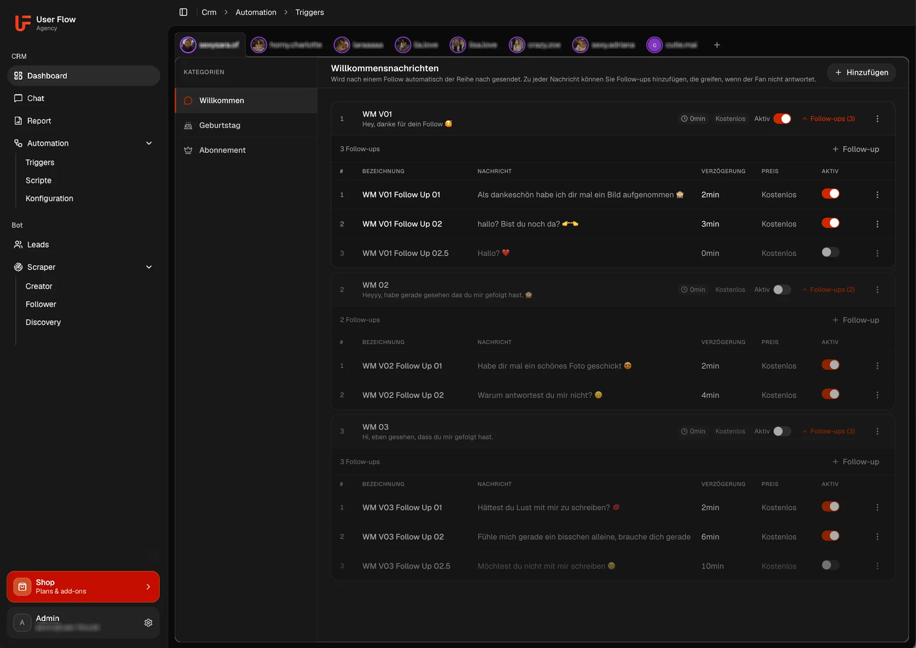 Automated welcome messages with follow-ups, delays and active toggles