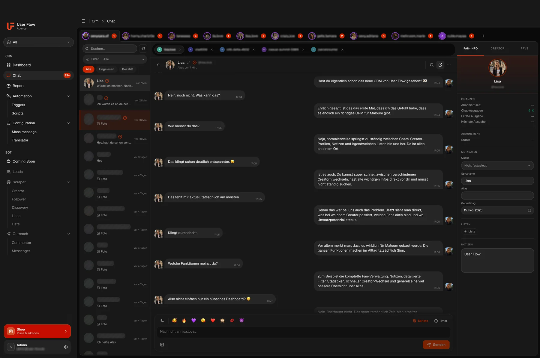 Fan view with notes, last purchase and conversation history as the basis for approaching quiet fans