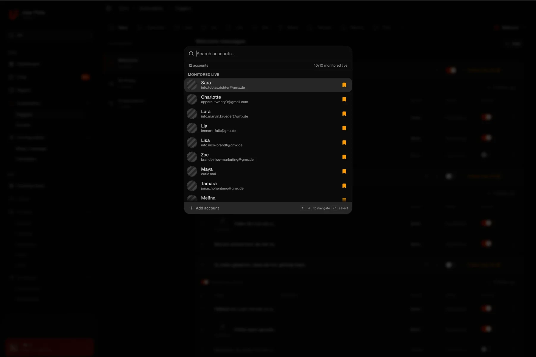 Account switcher listing twelve connected creator accounts, ten of them monitored live