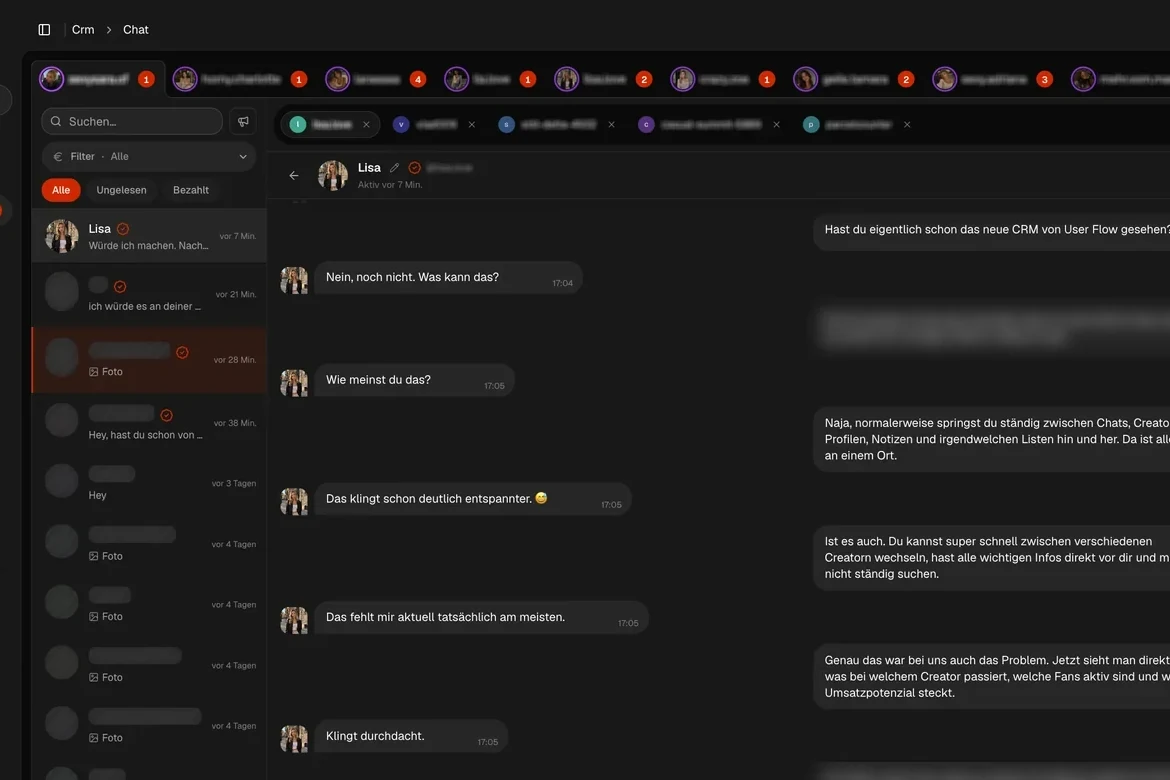 Chat with the tab row of the connected creator accounts side by side