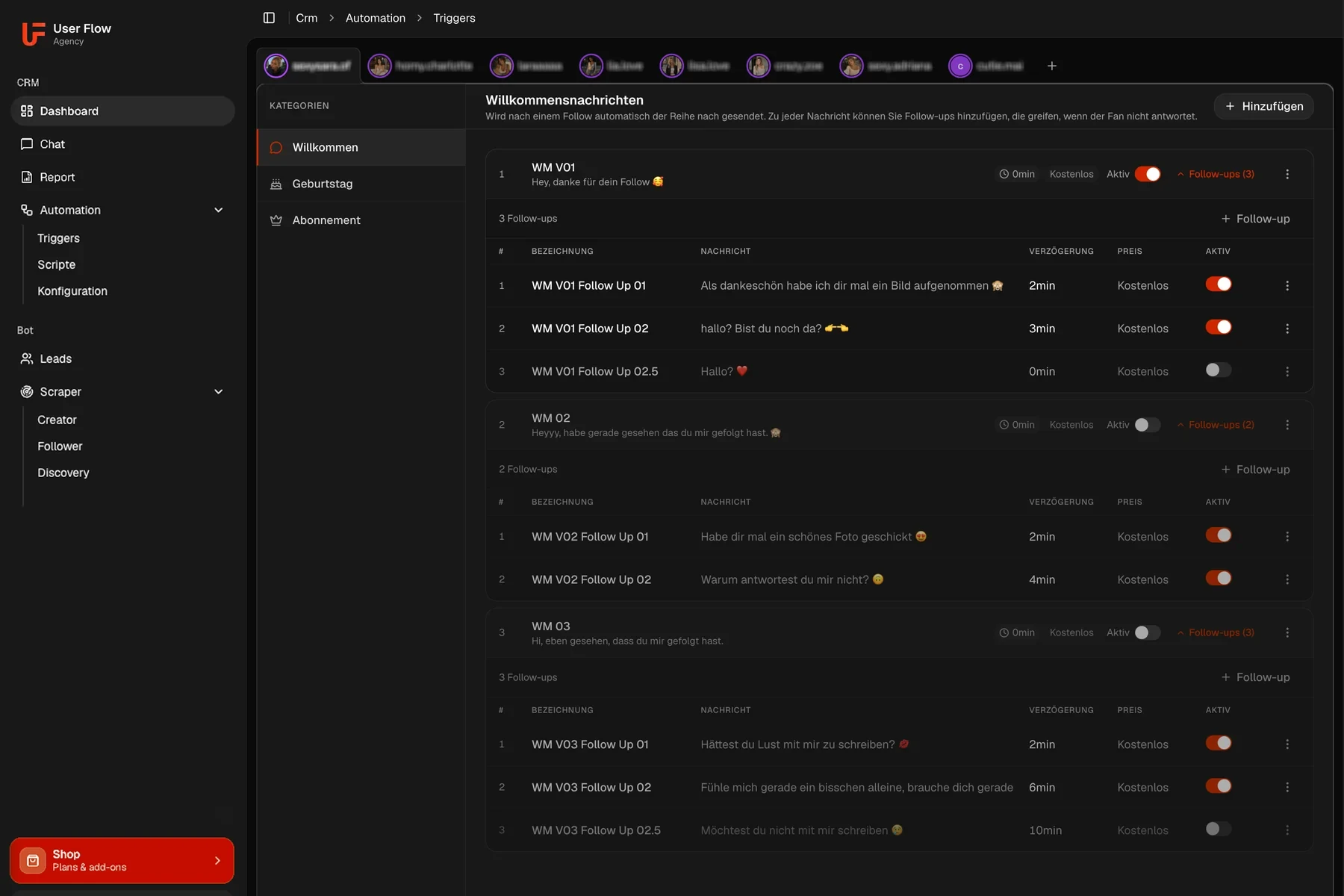 Welcome messages with follow-ups, each with a delay, a price and a toggle to activate it