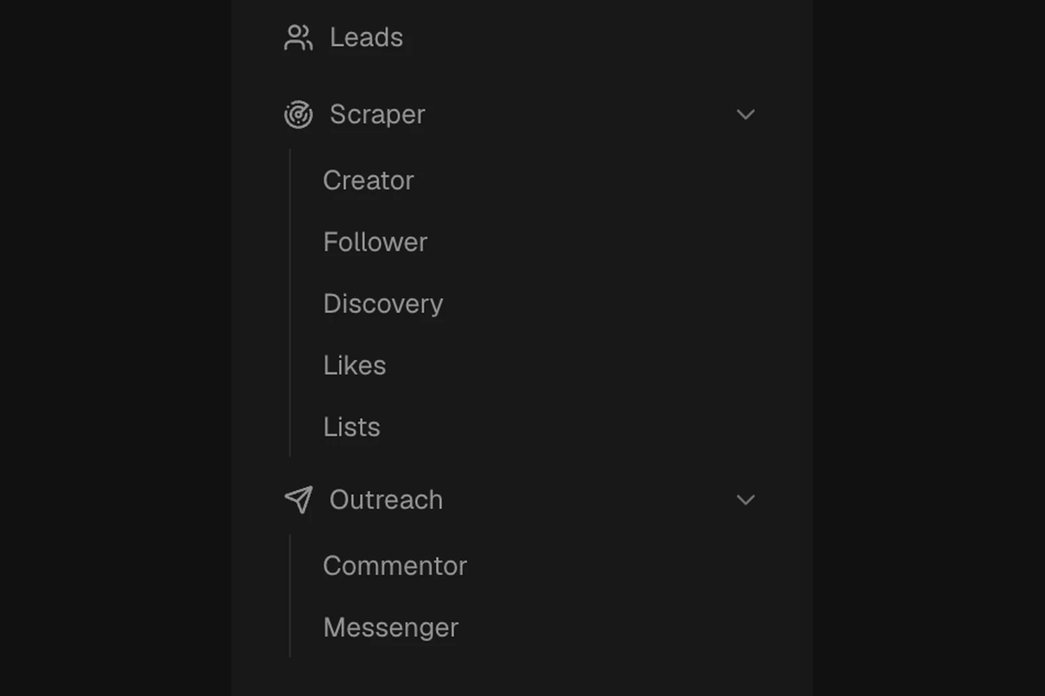 Bot section in the sidebar with leads, the five scrapers and the outreach with commentor and messenger