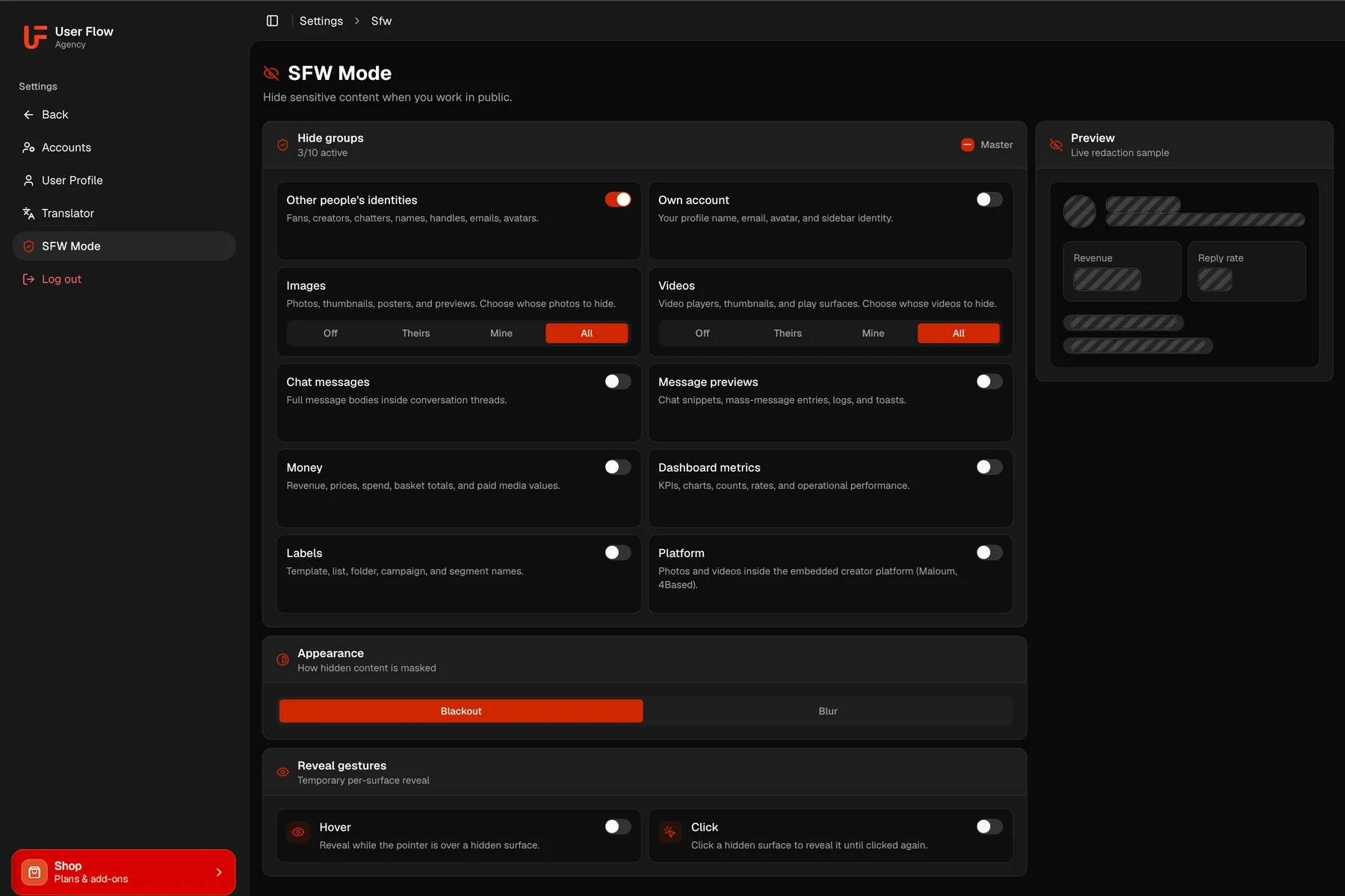 SFW mode settings with ten groups, a choice between blackout and blur and a live preview