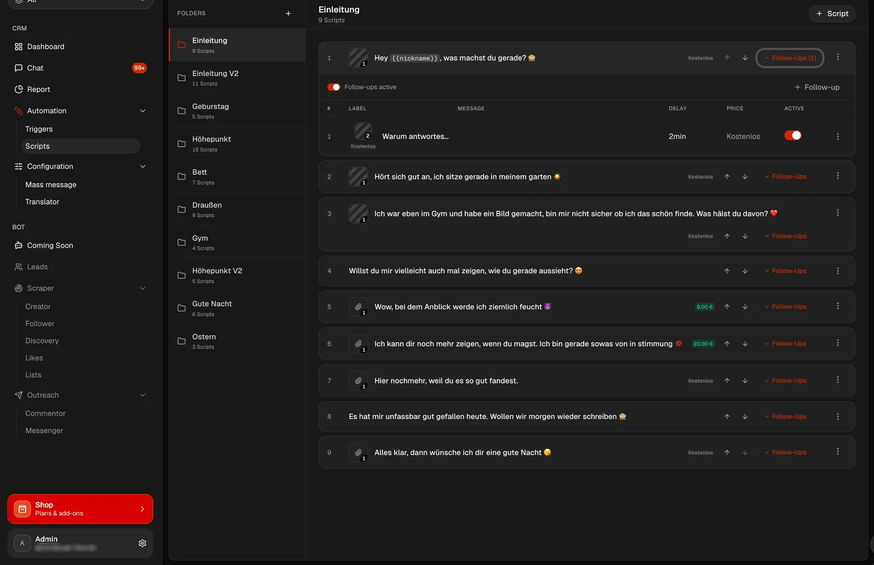 Script folders with individual messages, follow-ups, a delay in minutes and a price per PPV